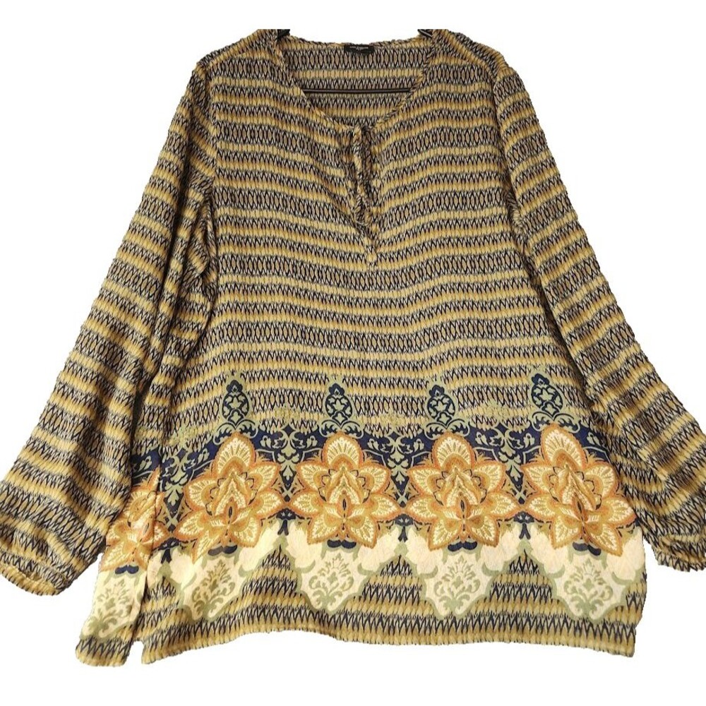 Ann Taylor Womens Large Green Gold Striped Floral Sheer Long Sleeve Tunic Top